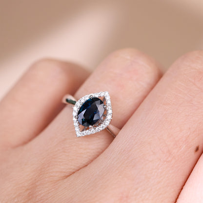 1.01ct Natural Blue Sapphire Diamond Kite Halo Ring in 18K White Gold - JewelryAndStore