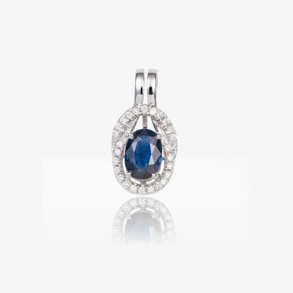 0.81ct Natural Blue Sapphire and Diamond Halo Pendant in 18K White Gold - JewelryAndStore