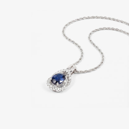 0.81ct Natural Blue Sapphire and Diamond Halo Pendant in 18K White Gold - JewelryAndStore