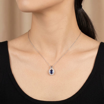 0.81ct Natural Blue Sapphire and Diamond Halo Pendant in 18K White Gold - JewelryAndStore