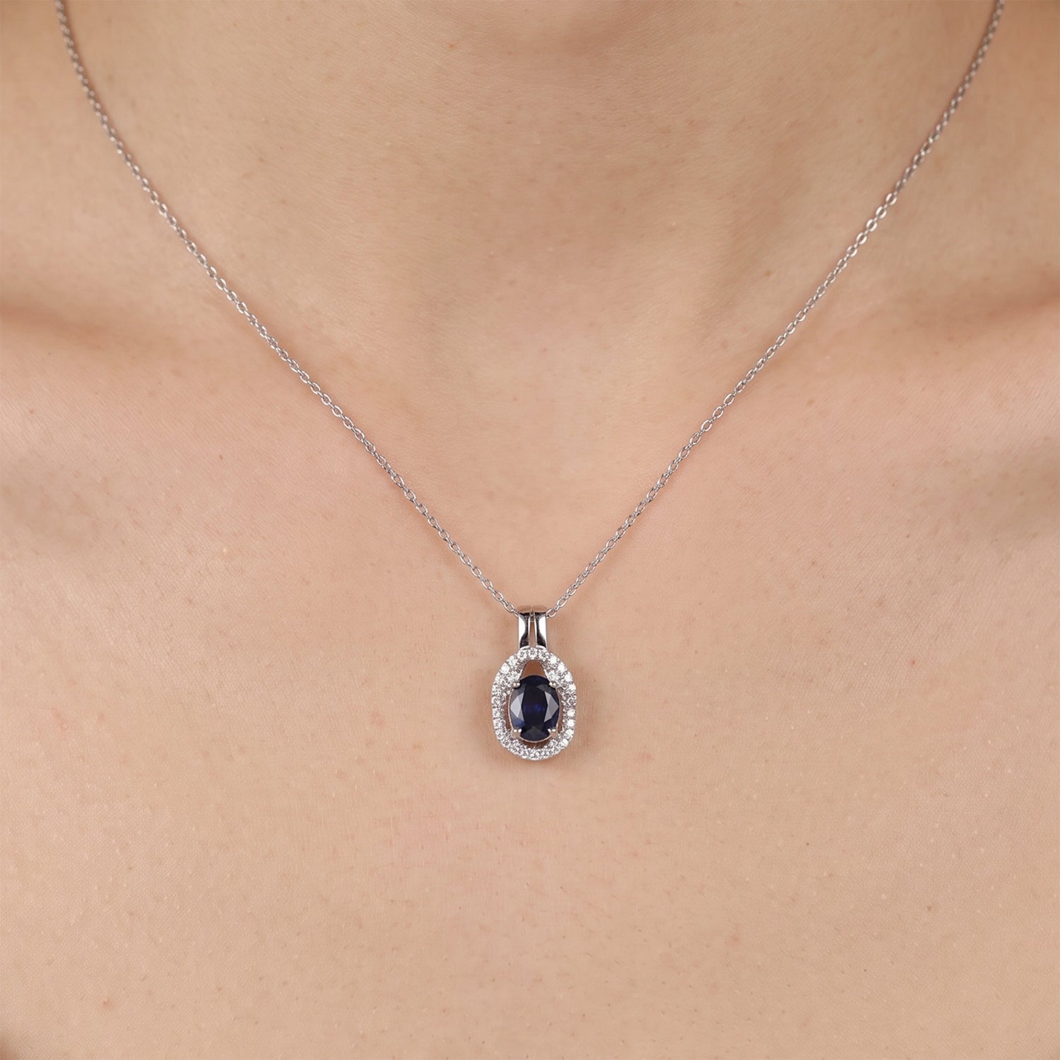 0.81ct Natural Blue Sapphire and Diamond Halo Pendant in 18K White Gold - JewelryAndStore