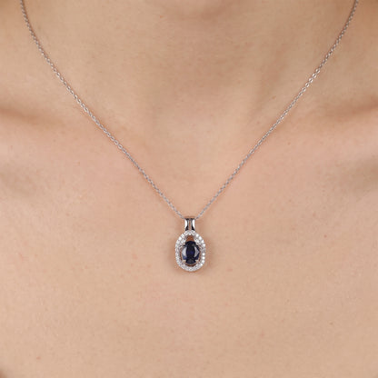0.81ct Natural Blue Sapphire and Diamond Halo Pendant in 18K White Gold - JewelryAndStore