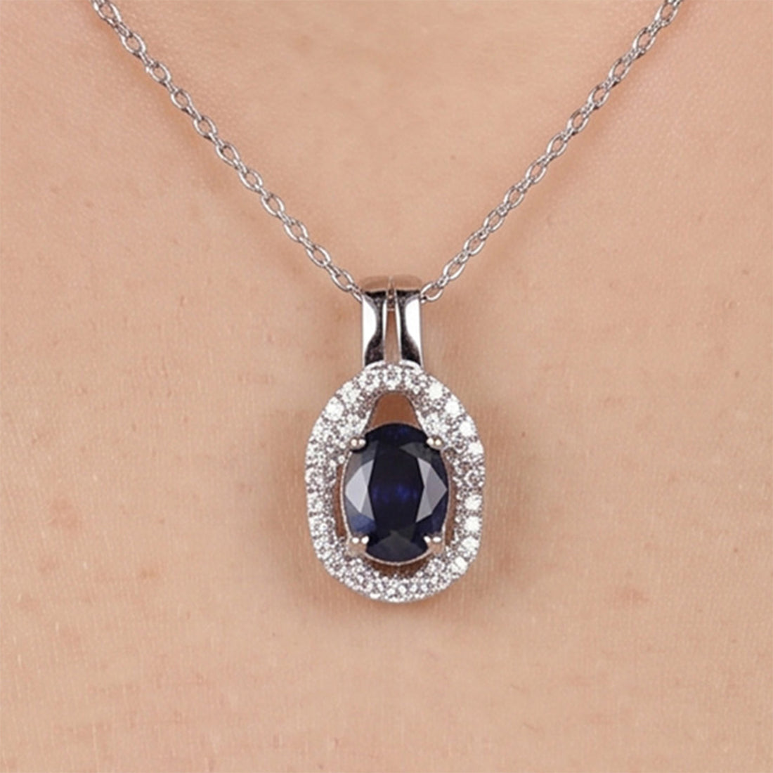 0.81ct Natural Blue Sapphire and Diamond Halo Pendant in 18K White Gold - JewelryAndStore