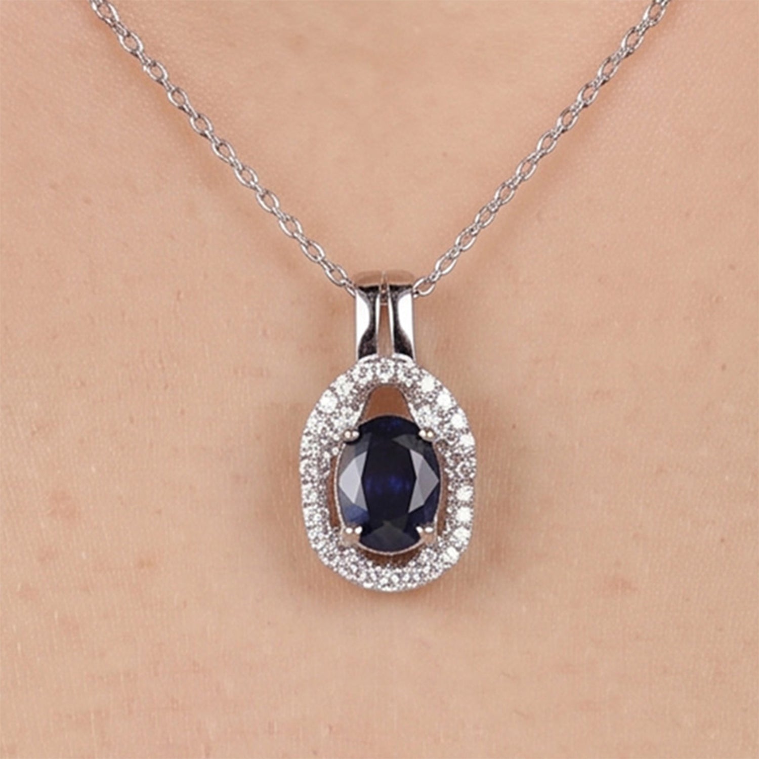 0.81ct Natural Blue Sapphire and Diamond Halo Pendant in 18K White Gold - JewelryAndStore