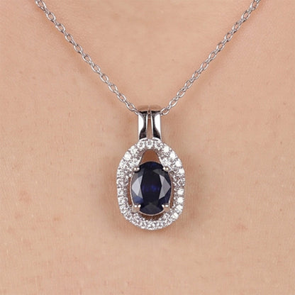 0.81ct Natural Blue Sapphire and Diamond Halo Pendant in 18K White Gold - JewelryAndStore