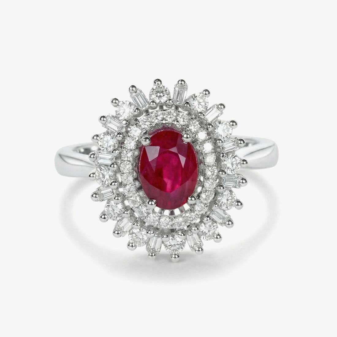 1.14ct Natural Ruby and Mixed Cut Diamond Halo Cocktail Ring in 18K White Gold - JewelryAndStore