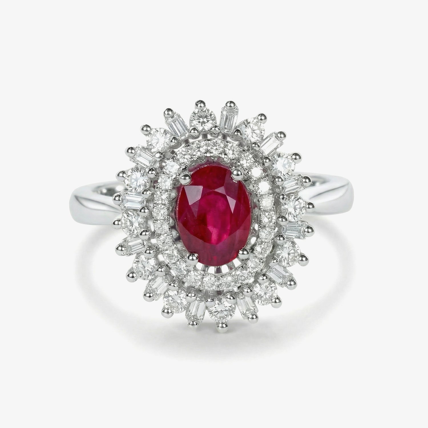 1.14ct Natural Ruby and Mixed Cut Diamond Halo Cocktail Ring in 18K White Gold - JewelryAndStore