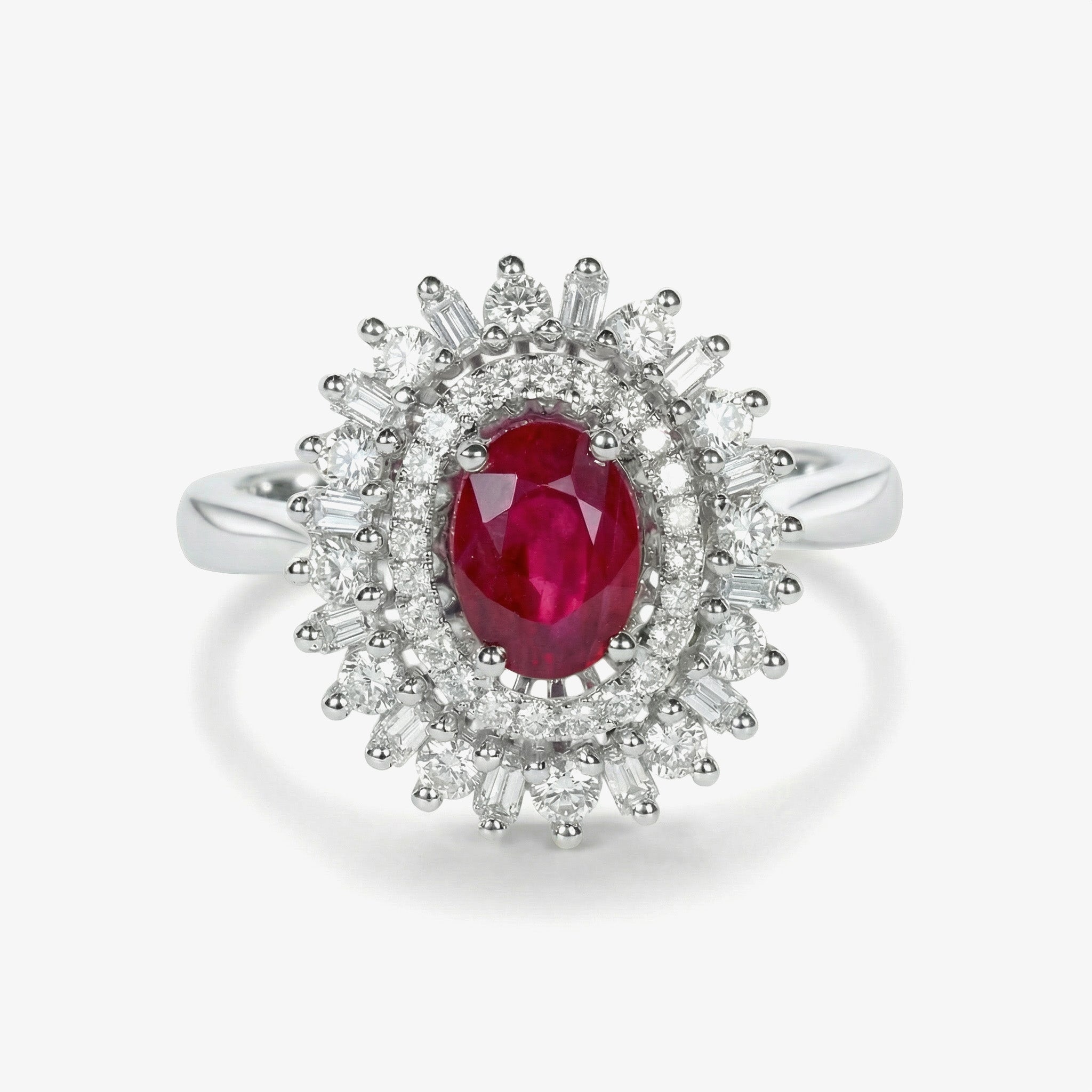 1.14ct Natural Ruby and Mixed Cut Diamond Halo Cocktail Ring in 18K White Gold - JewelryAndStore