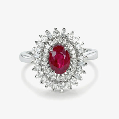1.14ct Natural Ruby and Mixed Cut Diamond Halo Cocktail Ring in 18K White Gold - JewelryAndStore