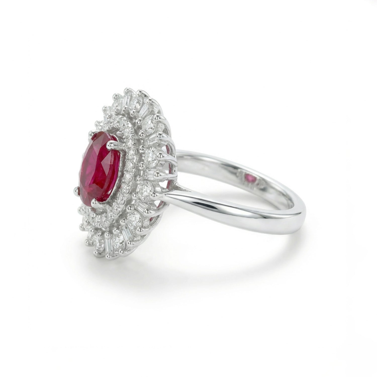 1.14ct Natural Ruby and Mixed Cut Diamond Halo Cocktail Ring in 18K White Gold - JewelryAndStore