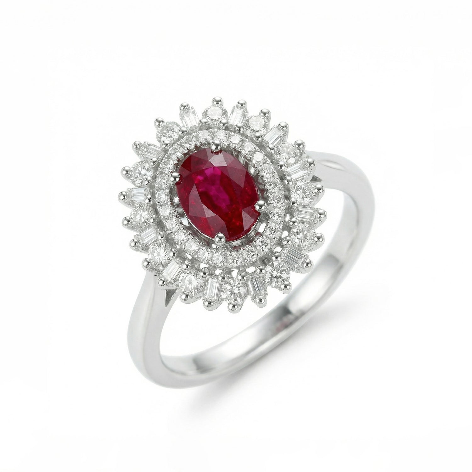 1.14ct Natural Ruby and Mixed Cut Diamond Halo Cocktail Ring in 18K White Gold - JewelryAndStore