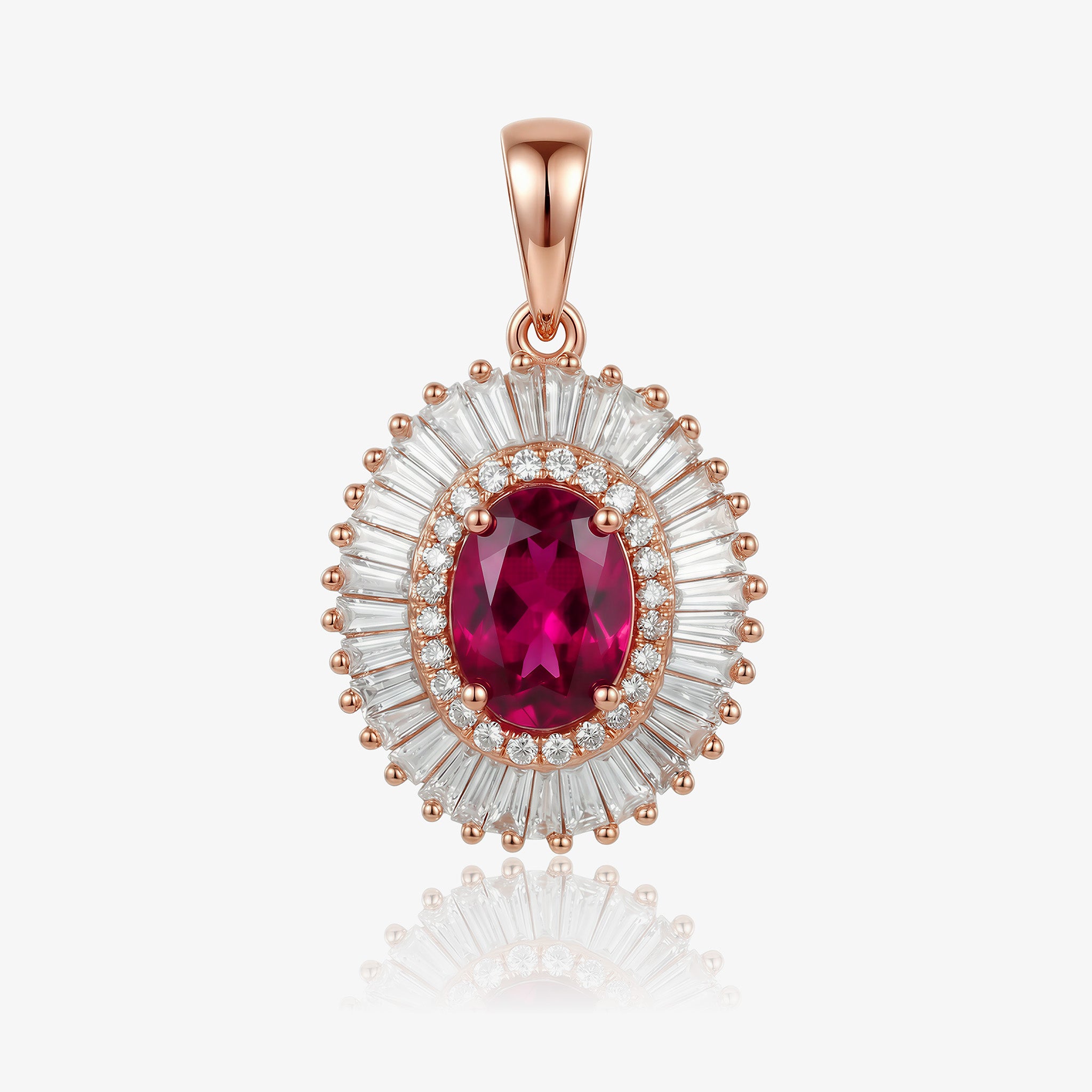 1.24ct Natural Rubellite and Diamond Sunburst Halo Pendant in 18K Rose Gold - JewelryAndStore
