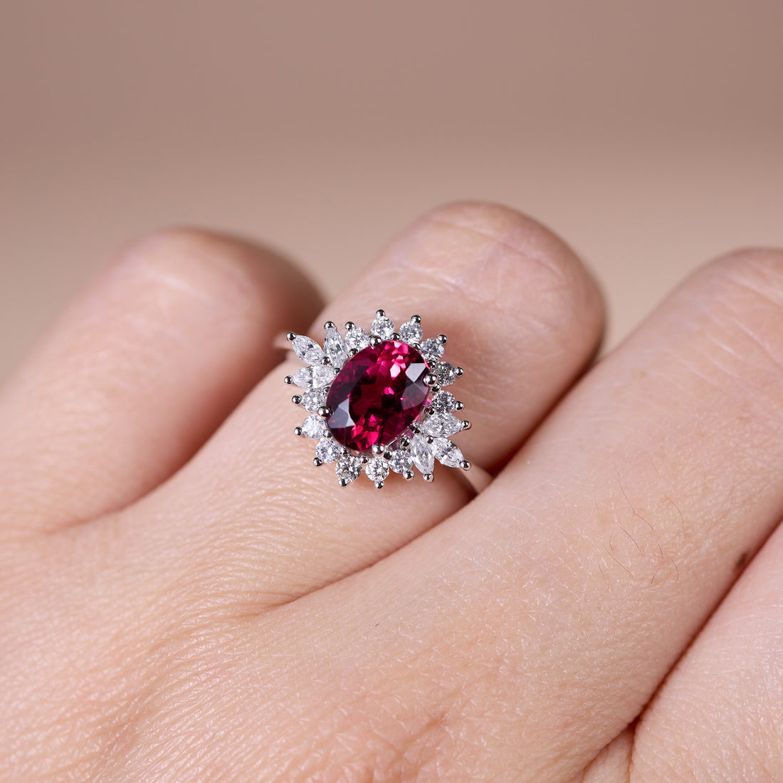 1.22ct Natural Rubellite and Marquise Diamond Cluster Ring in 18K White Gold - JewelryAndStore