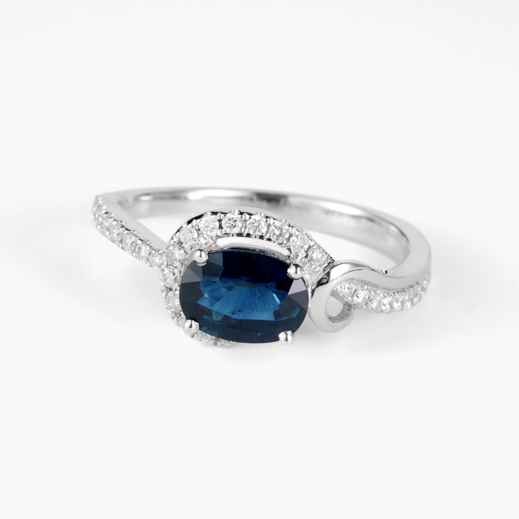 1.17ct Natural Blue Sapphire Diamond Swirl Ring in 18K White Gold - JewelryAndStore