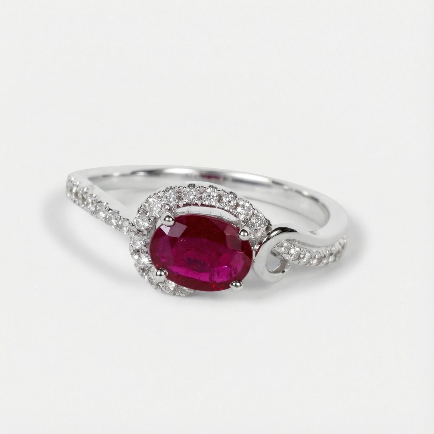 0.93ct Natural Ruby Diamond Halo Solitaire Ring in 18K White Gold - JewelryAndStore