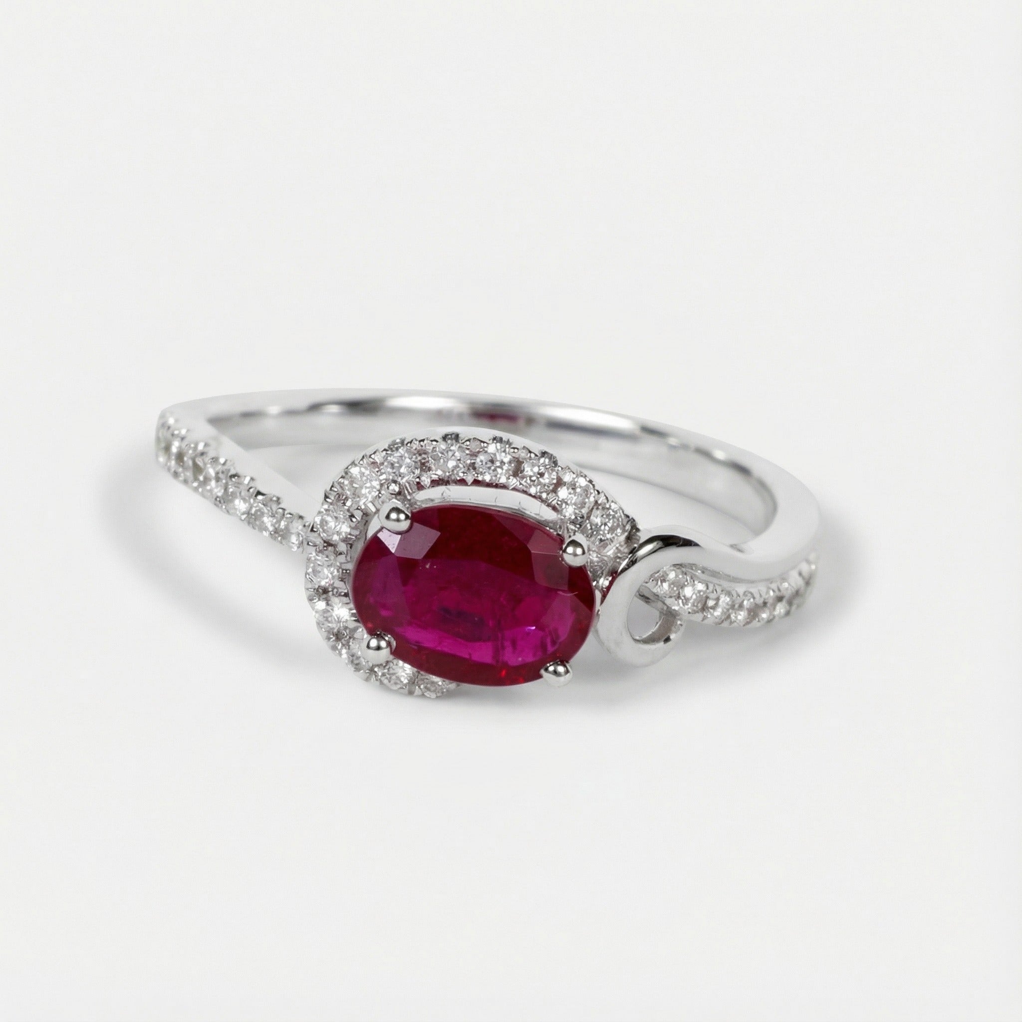 0.93ct Natural Ruby Diamond Halo Solitaire Ring in 18K White Gold - JewelryAndStore