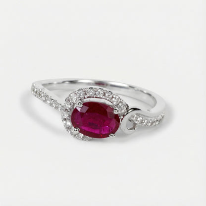 0.93ct Natural Ruby Diamond Halo Solitaire Ring in 18K White Gold - JewelryAndStore