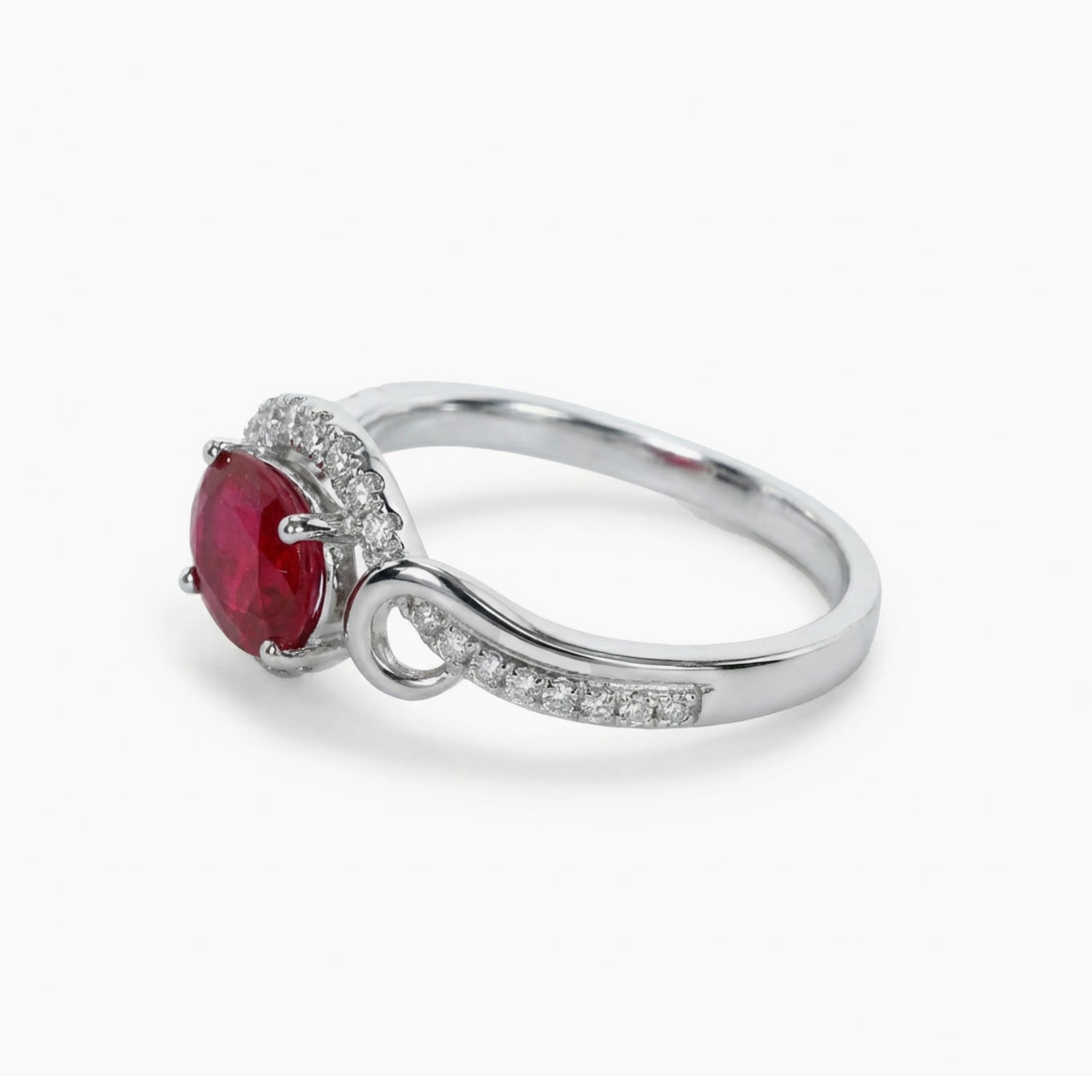 0.93ct Natural Ruby Diamond Halo Solitaire Ring in 18K White Gold - JewelryAndStore