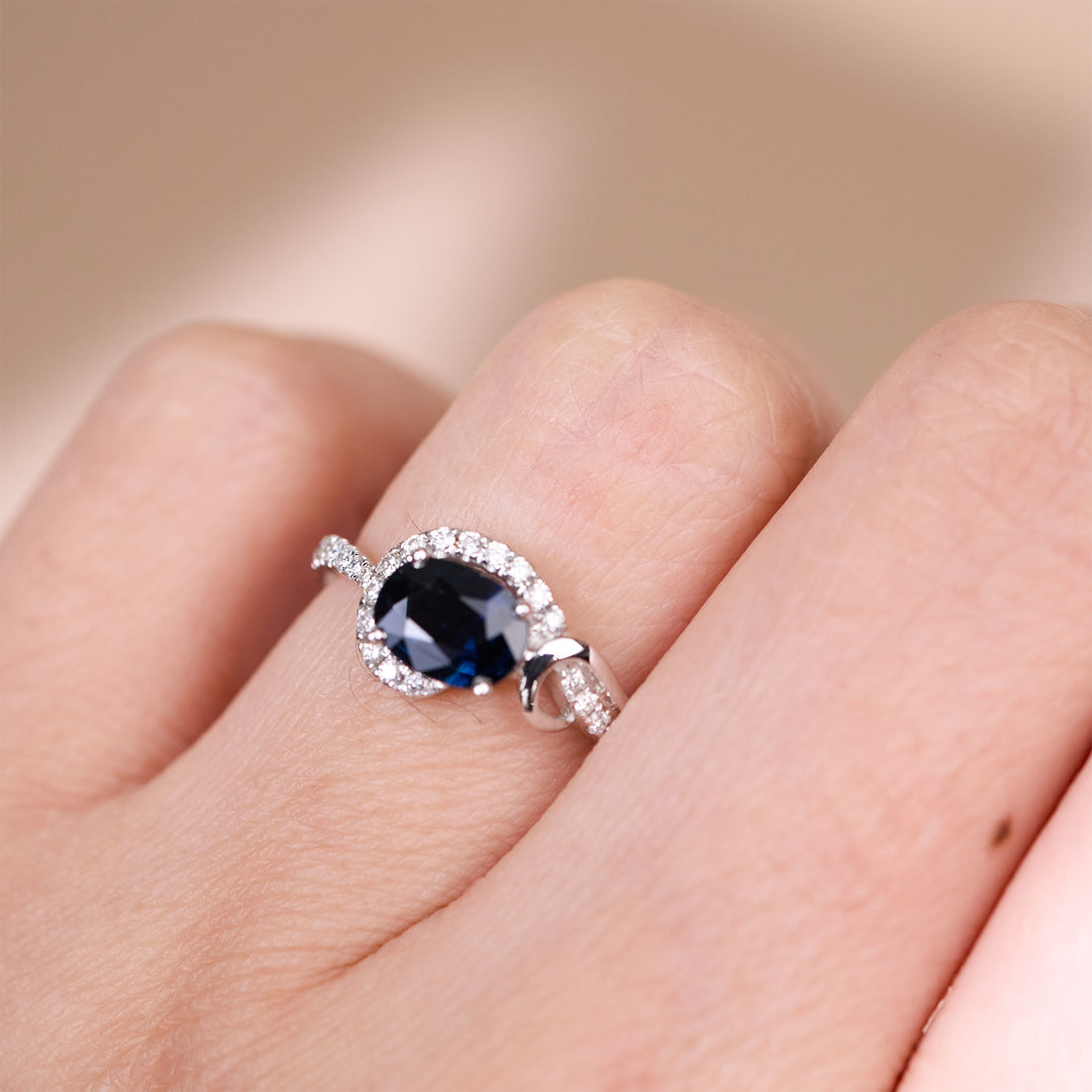 1.17ct Natural Blue Sapphire Diamond Swirl Ring in 18K White Gold - JewelryAndStore
