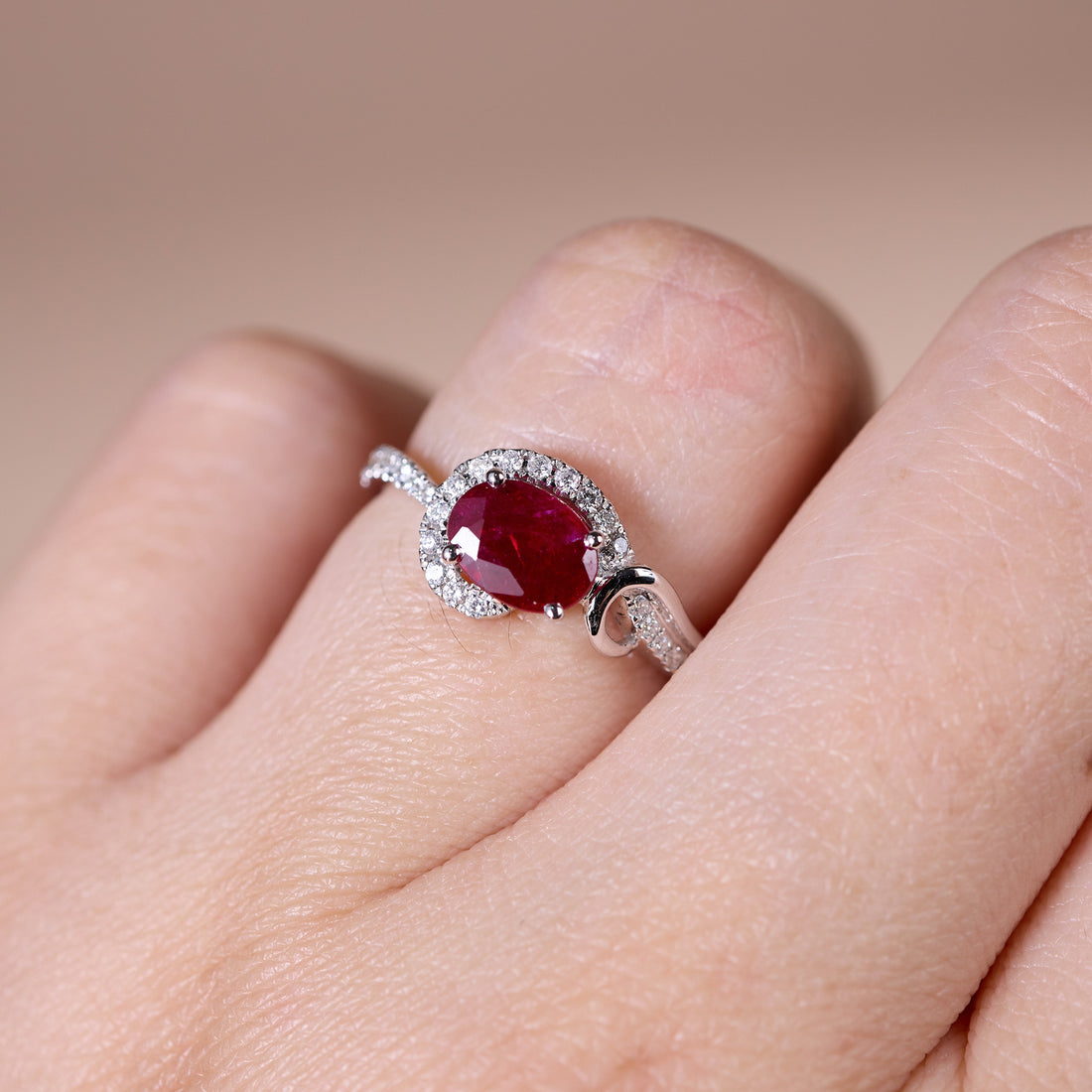 0.93ct Natural Ruby Diamond Halo Solitaire Ring in 18K White Gold - JewelryAndStore