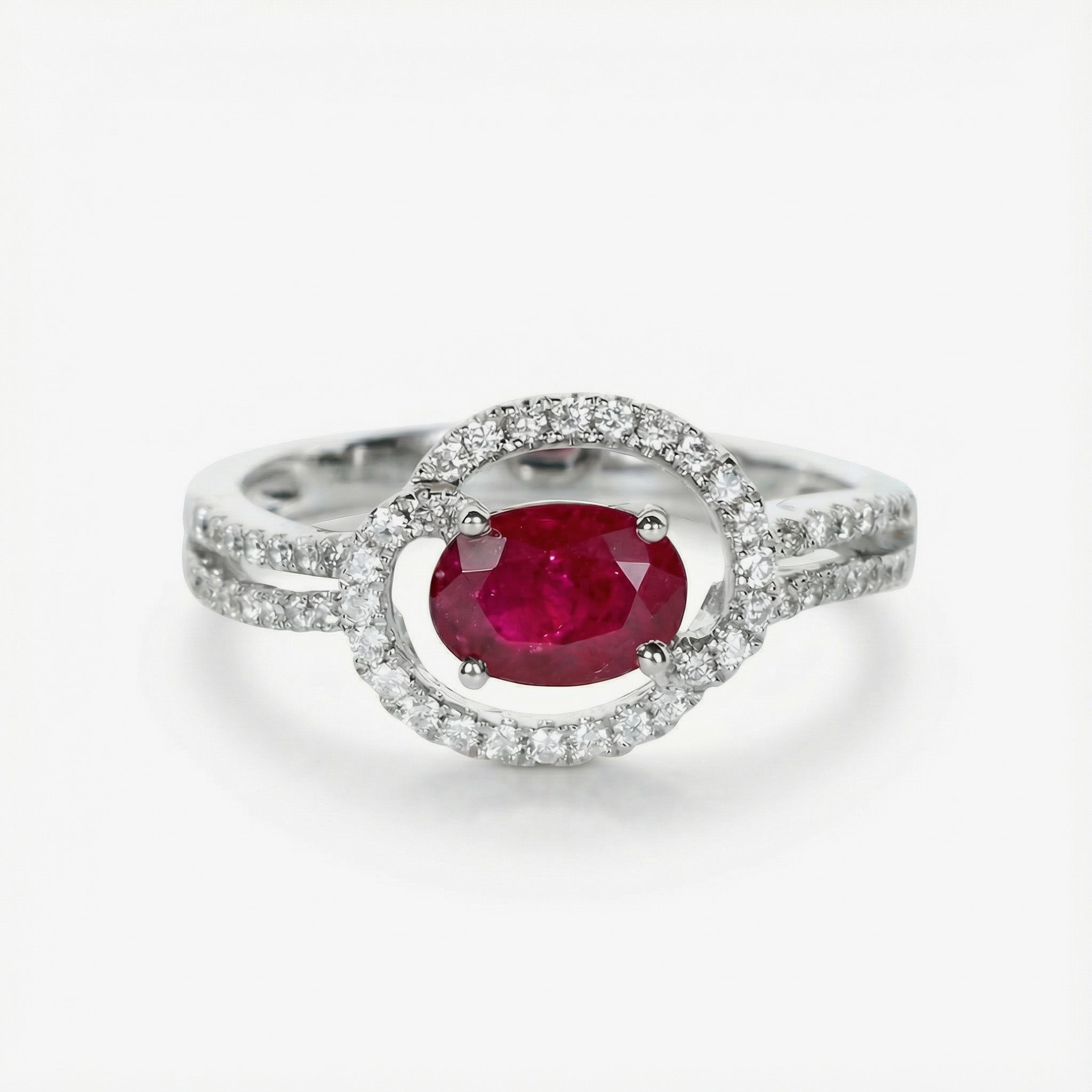 0.82ct Natural Ruby and Diamond Bypass Halo Ring in 18K White Gold - JewelryAndStore