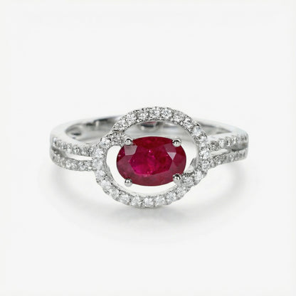 0.82ct Natural Ruby and Diamond Bypass Halo Ring in 18K White Gold - JewelryAndStore