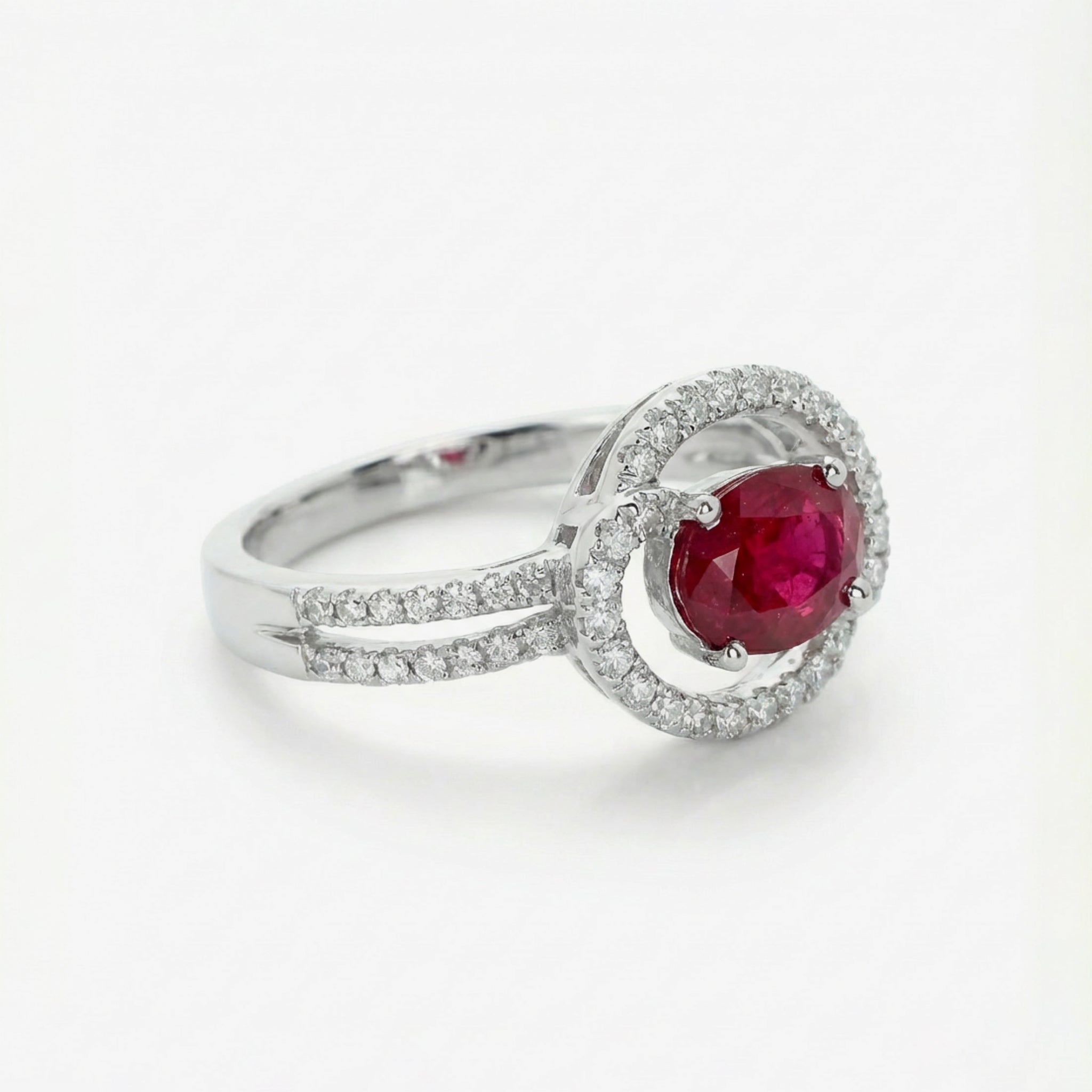 0.82ct Natural Ruby and Diamond Bypass Halo Ring in 18K White Gold - JewelryAndStore