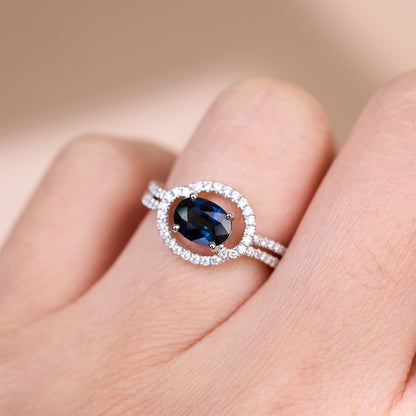 1.09ct Natural Oval Blue Sapphire and Diamond Halo Ring in 18K White Gold - JewelryAndStore