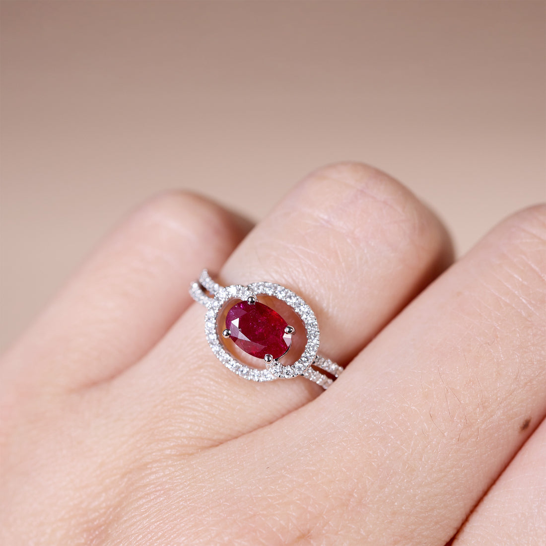 0.82ct Natural Ruby and Diamond Bypass Halo Ring in 18K White Gold - JewelryAndStore