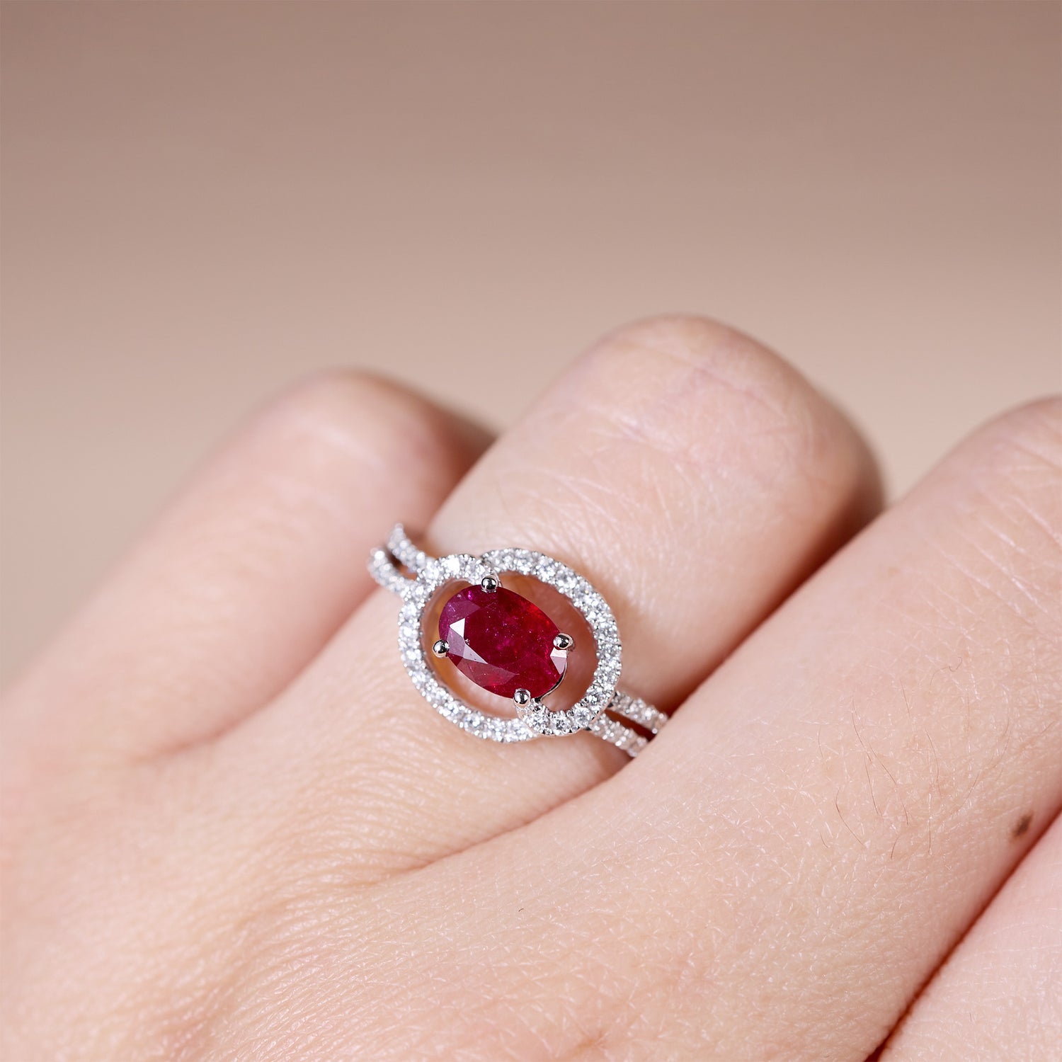 0.82ct Natural Ruby and Diamond Bypass Halo Ring in 18K White Gold - JewelryAndStore