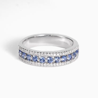 Natural Blue Sapphire and Diamond Half Eternity Band in 18K White Gold - JewelryAndStore
