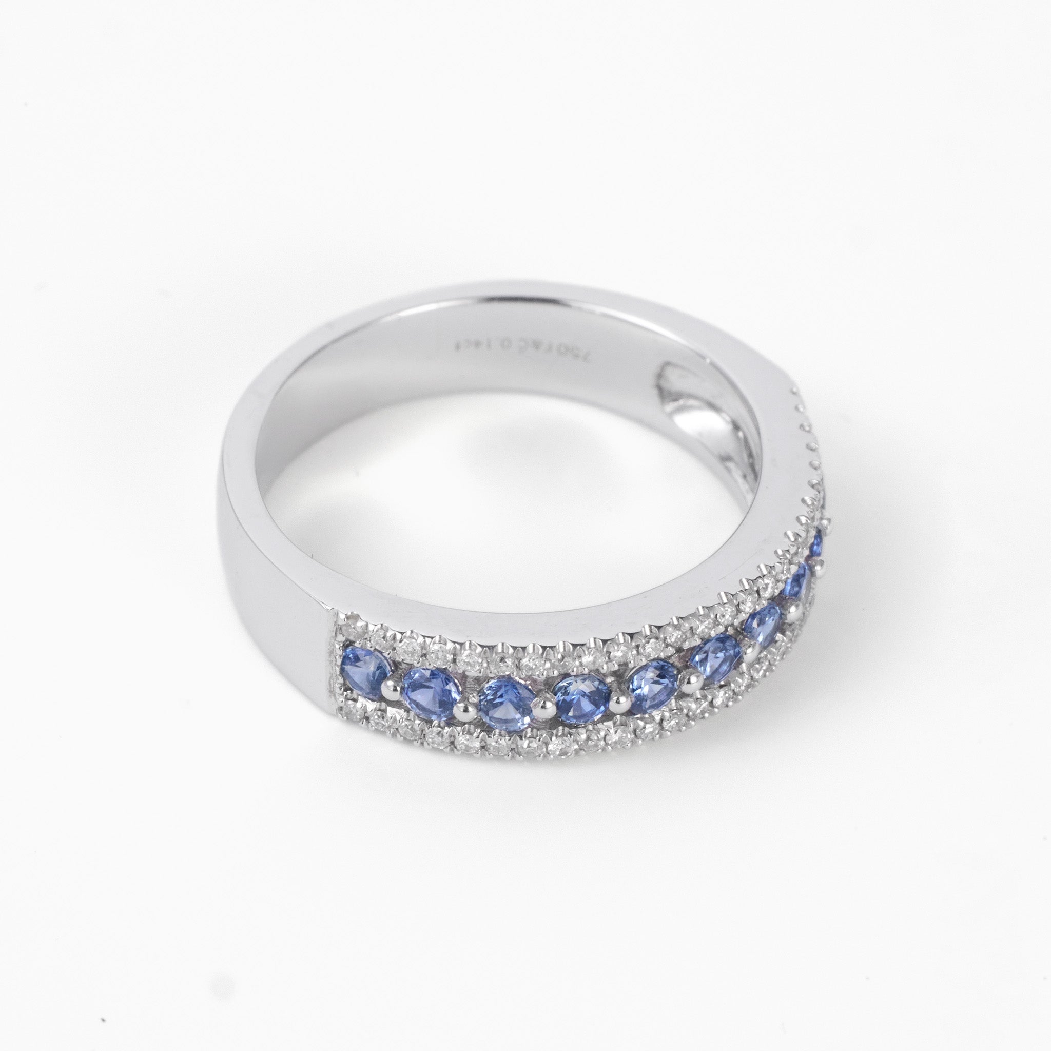 Natural Blue Sapphire and Diamond Half Eternity Band in 18K White Gold - JewelryAndStore