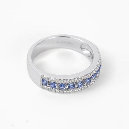 Natural Blue Sapphire and Diamond Half Eternity Band in 18K White Gold - JewelryAndStore