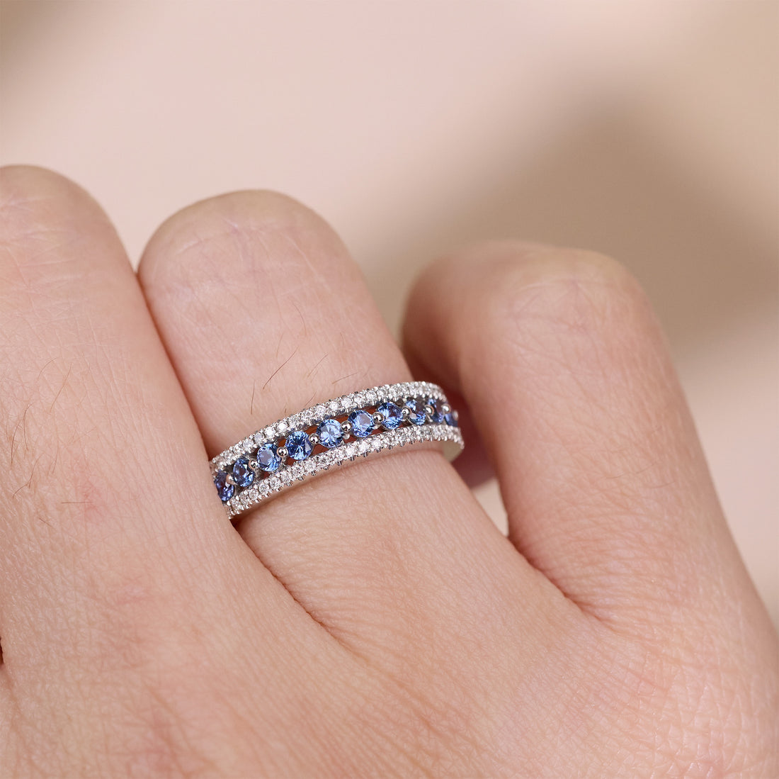 Natural Blue Sapphire and Diamond Half Eternity Band in 18K White Gold - JewelryAndStore