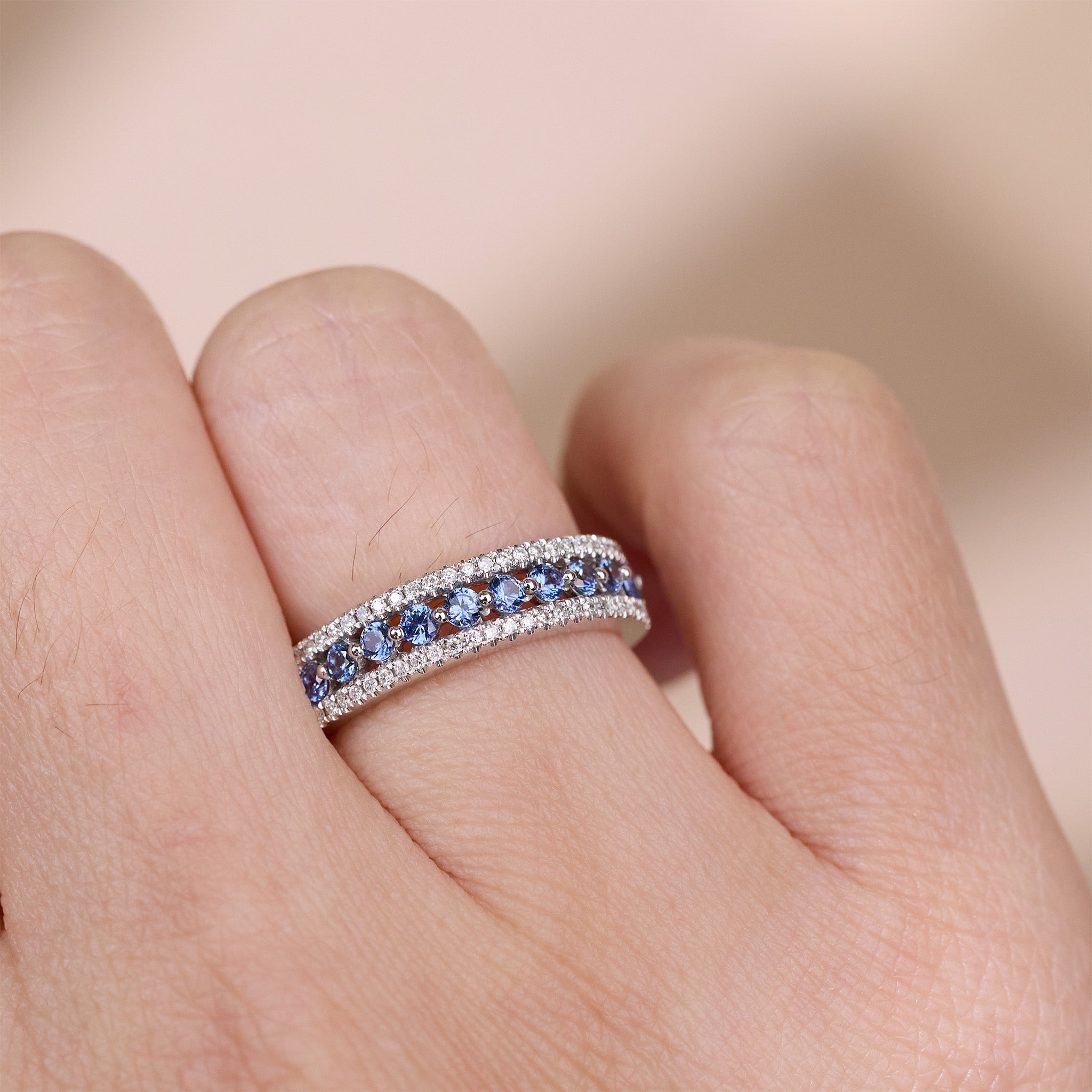 Natural Blue Sapphire and Diamond Half Eternity Band in 18K White Gold - JewelryAndStore