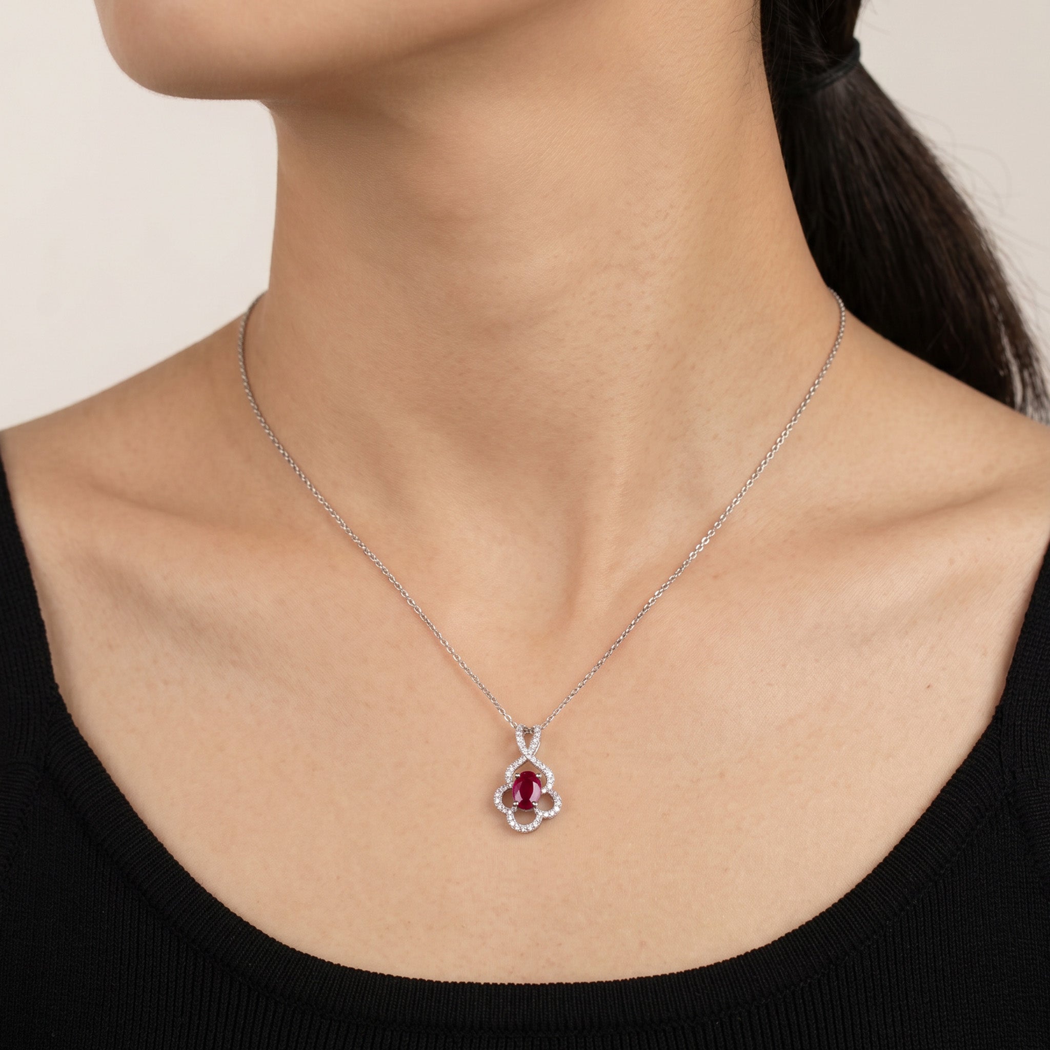 Product title 0.69ct Natural Ruby and Diamond Floral Pendant in 18K White Gold - JewelryAndStore