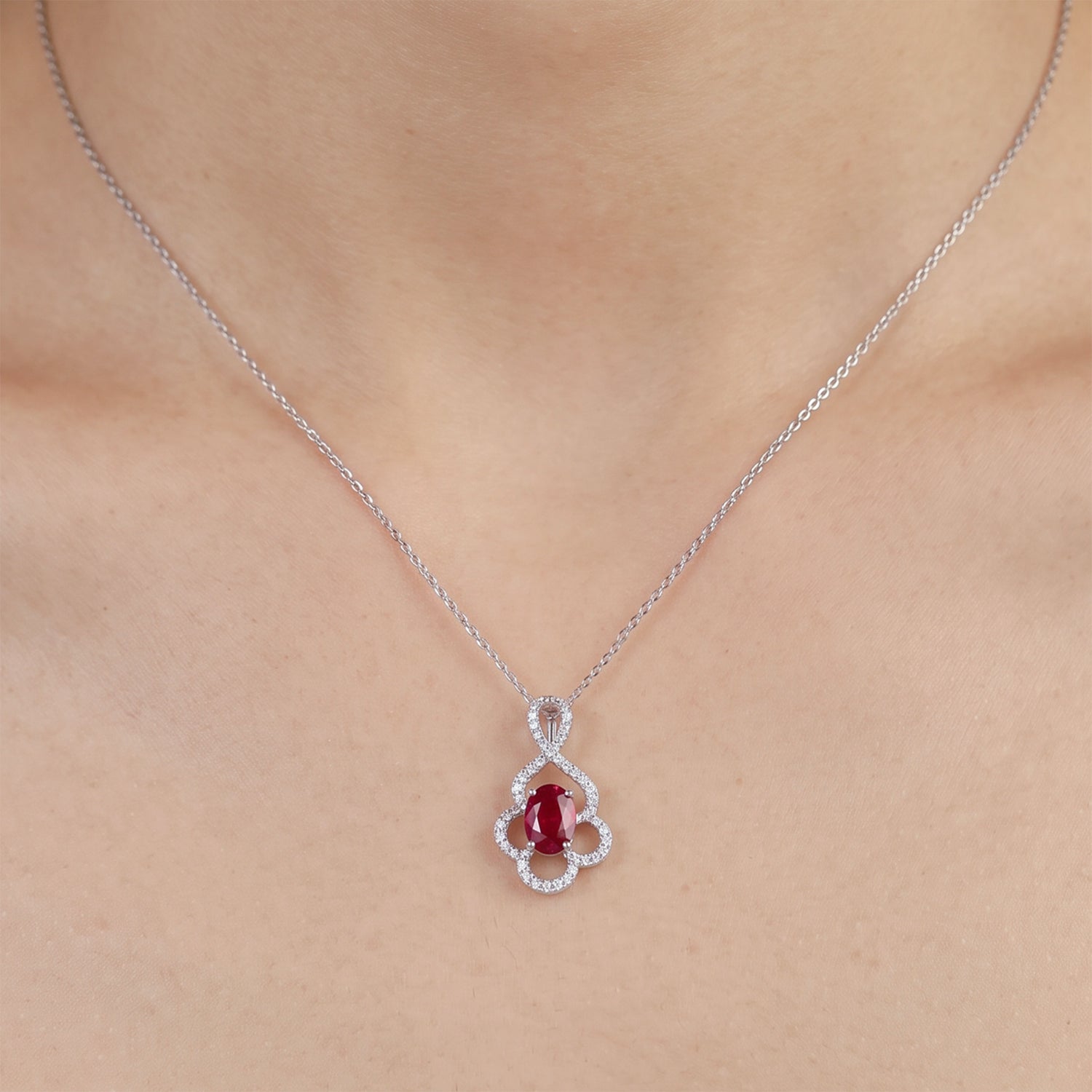 Product title 0.69ct Natural Ruby and Diamond Floral Pendant in 18K White Gold - JewelryAndStore
