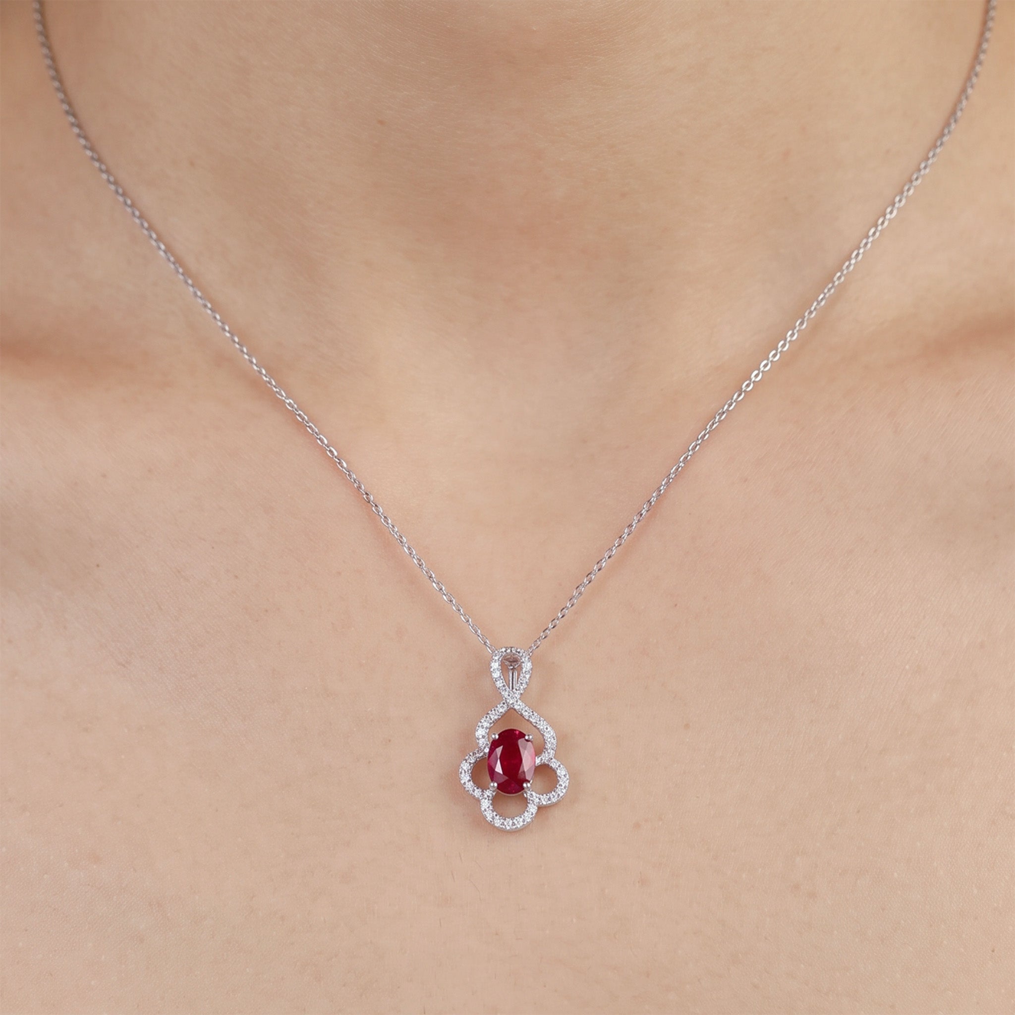 Product title 0.69ct Natural Ruby and Diamond Floral Pendant in 18K White Gold - JewelryAndStore