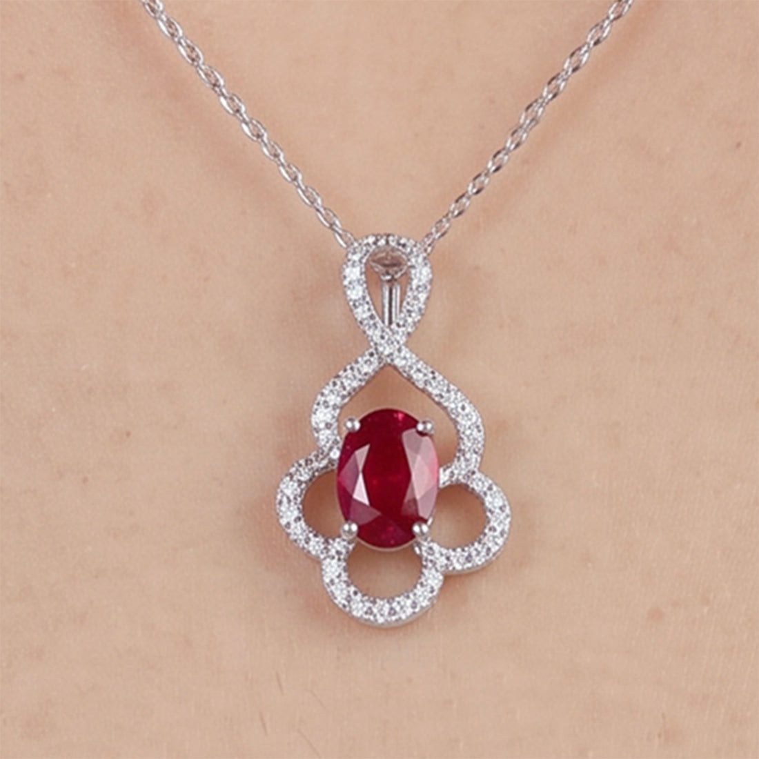 Product title 0.69ct Natural Ruby and Diamond Floral Pendant in 18K White Gold - JewelryAndStore