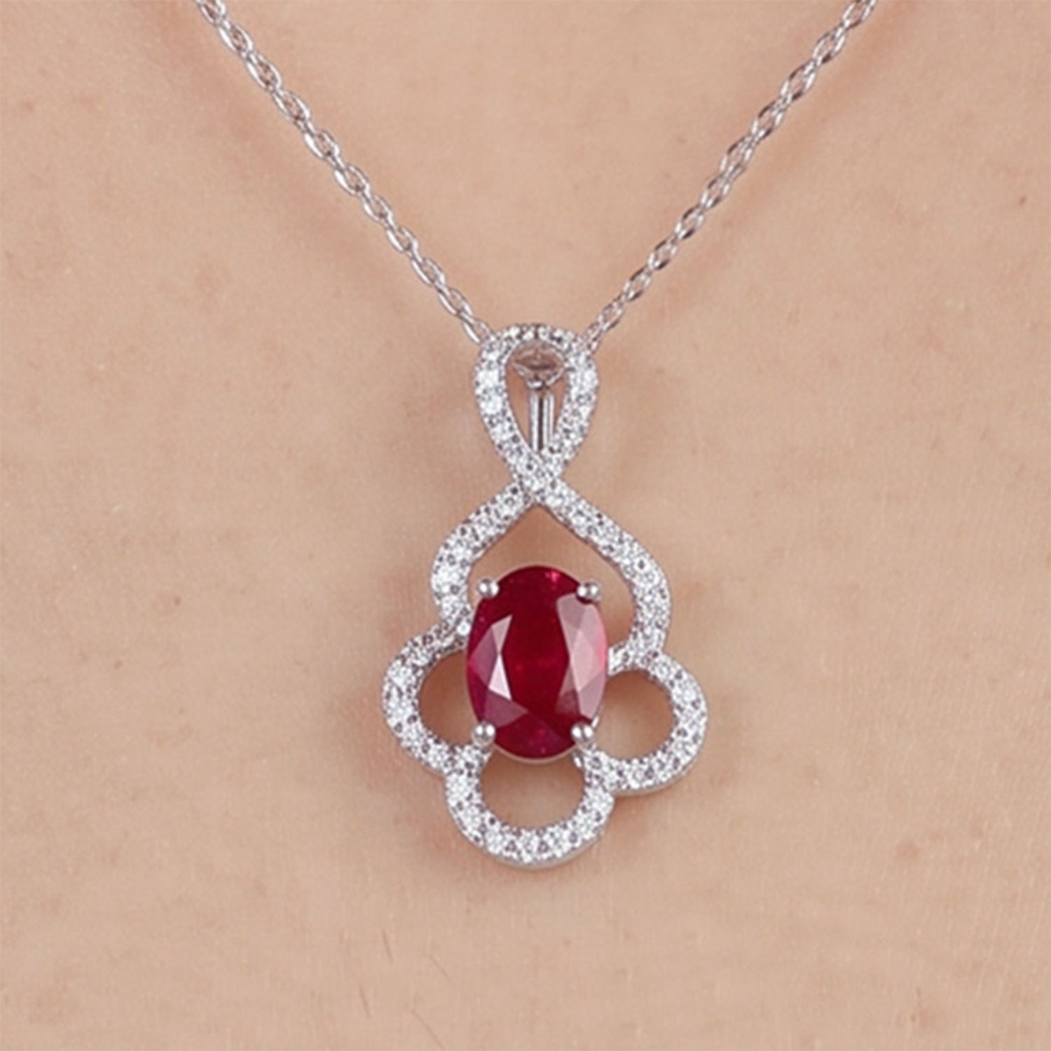 Product title 0.69ct Natural Ruby and Diamond Floral Pendant in 18K White Gold - JewelryAndStore
