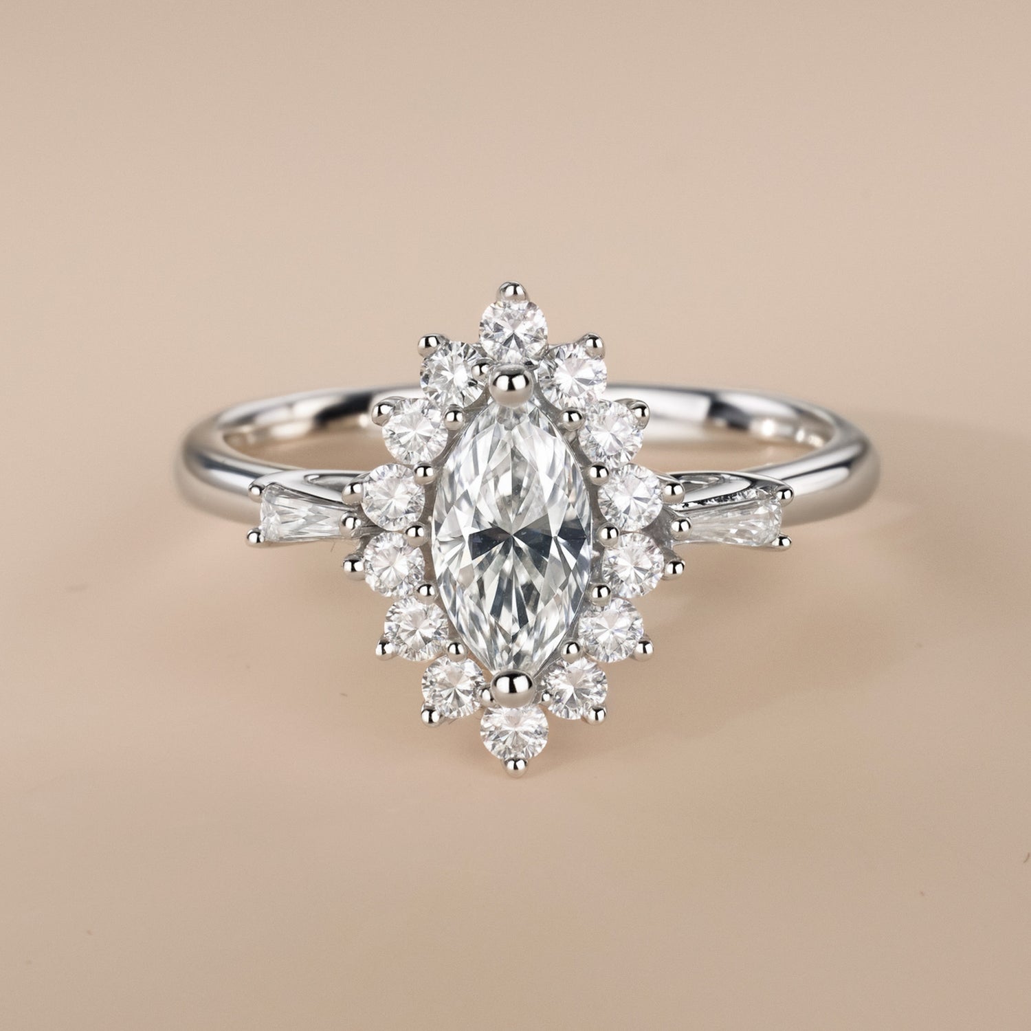 0.97ct.tw. Marquise Diamond Halo Ring with Baguette Accents in 18K White Gold - Jewelry And Store