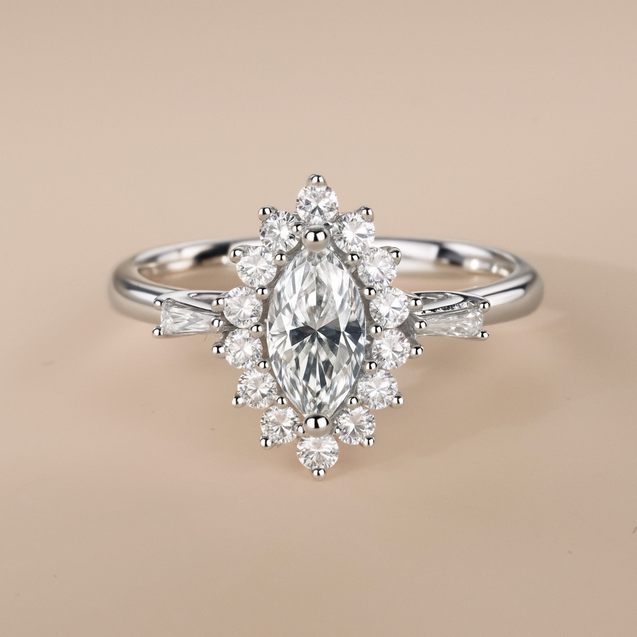 0.97ct.tw. Marquise Diamond Halo Ring with Baguette Accents in 18K White Gold - Jewelry And Store