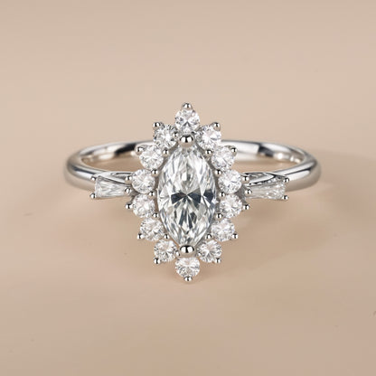 0.97ct.tw. Marquise Diamond Halo Ring with Baguette Accents in 18K White Gold - Jewelry And Store