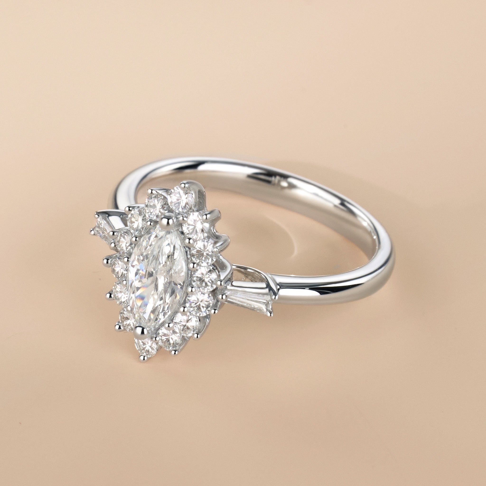 0.97ct.tw. Marquise Diamond Halo Ring with Baguette Accents in 18K White Gold - Jewelry And Store
