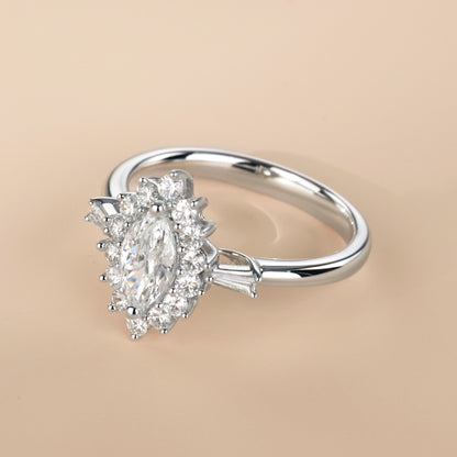 0.97ct.tw. Marquise Diamond Halo Ring with Baguette Accents in 18K White Gold - Jewelry And Store