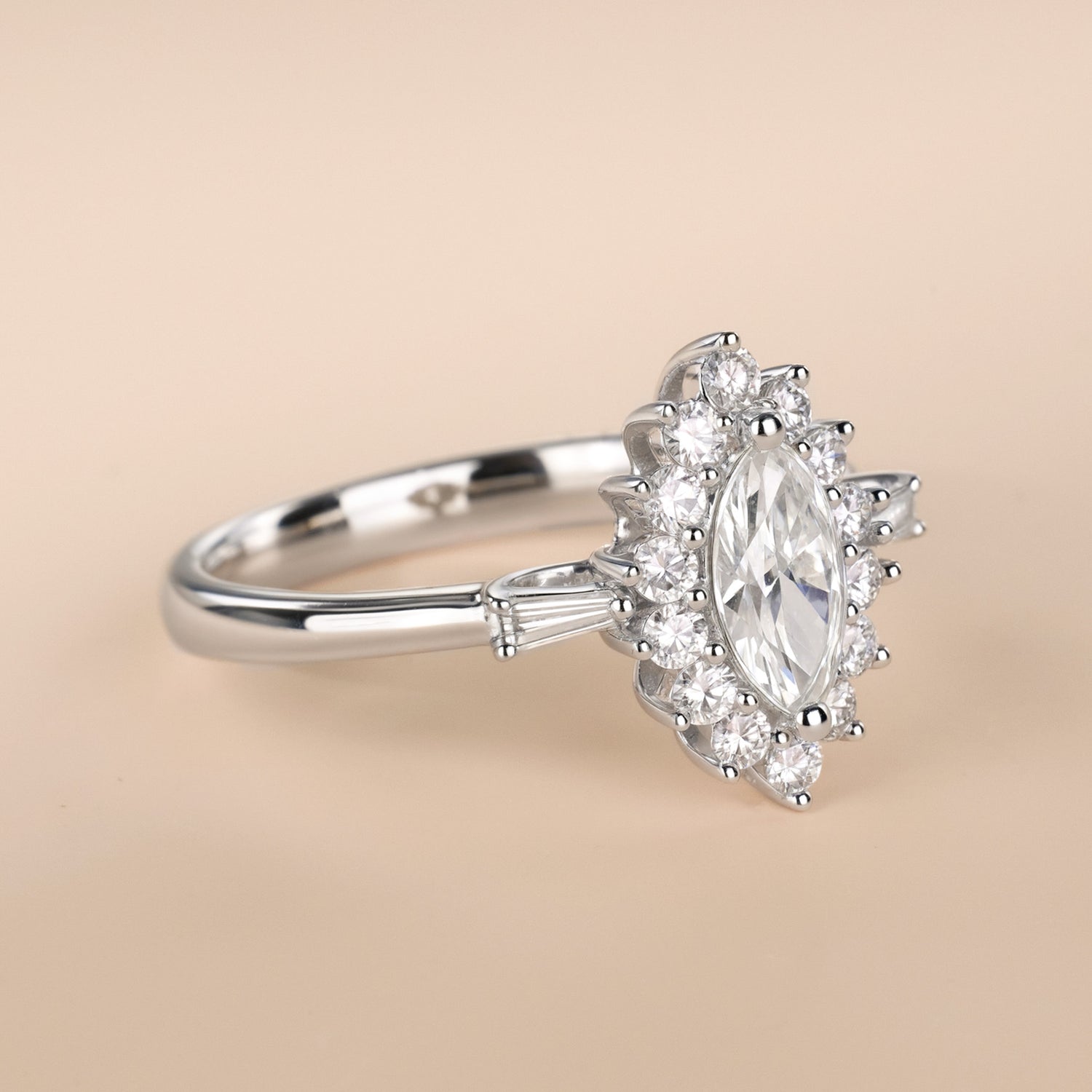 0.97ct.tw. Marquise Diamond Halo Ring with Baguette Accents in 18K White Gold - Jewelry And Store