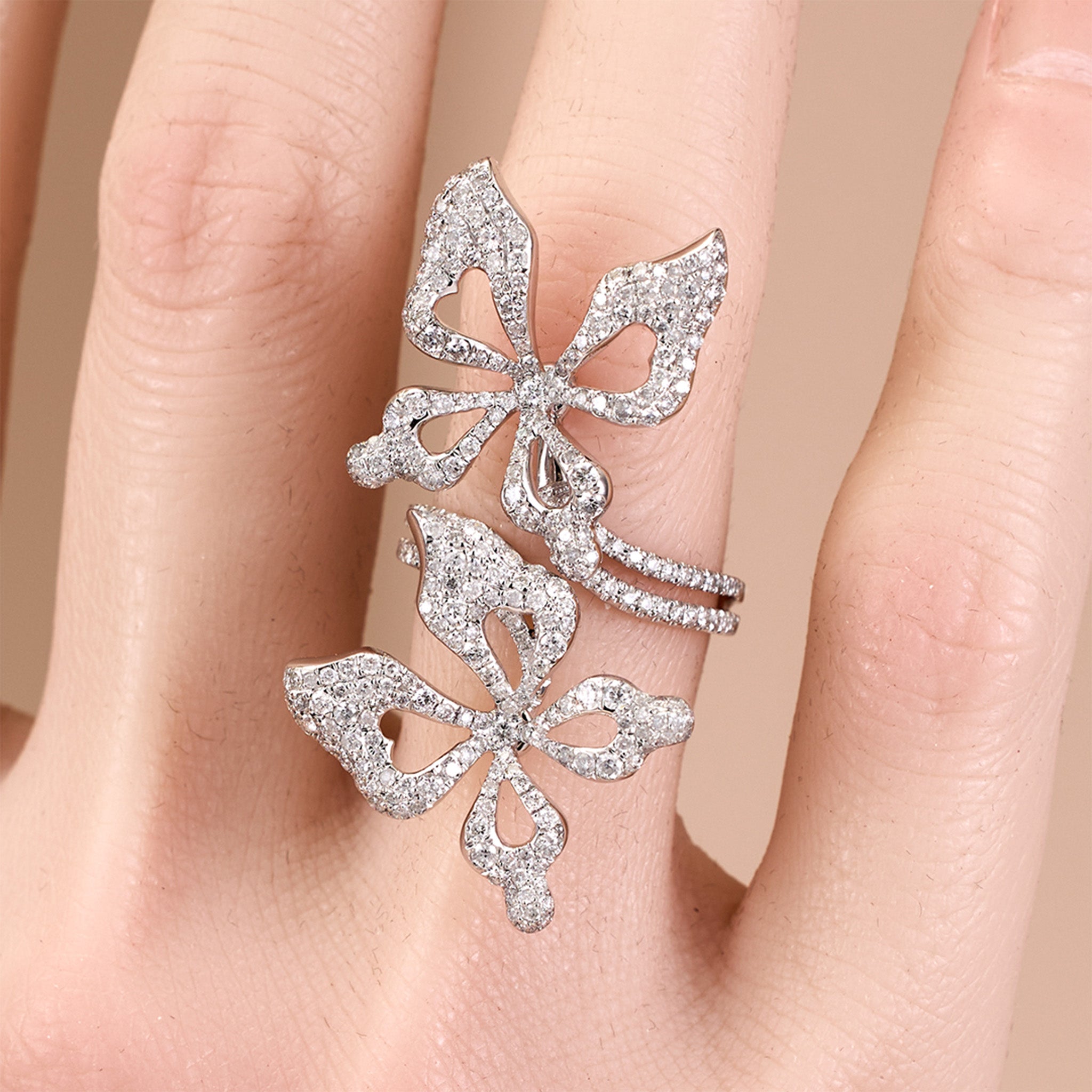18K White Gold Double Butterfly Diamond Ring - JewelryAndStore