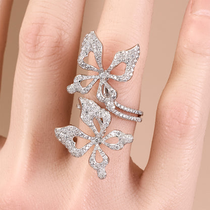 18K White Gold Double Butterfly Diamond Ring - JewelryAndStore