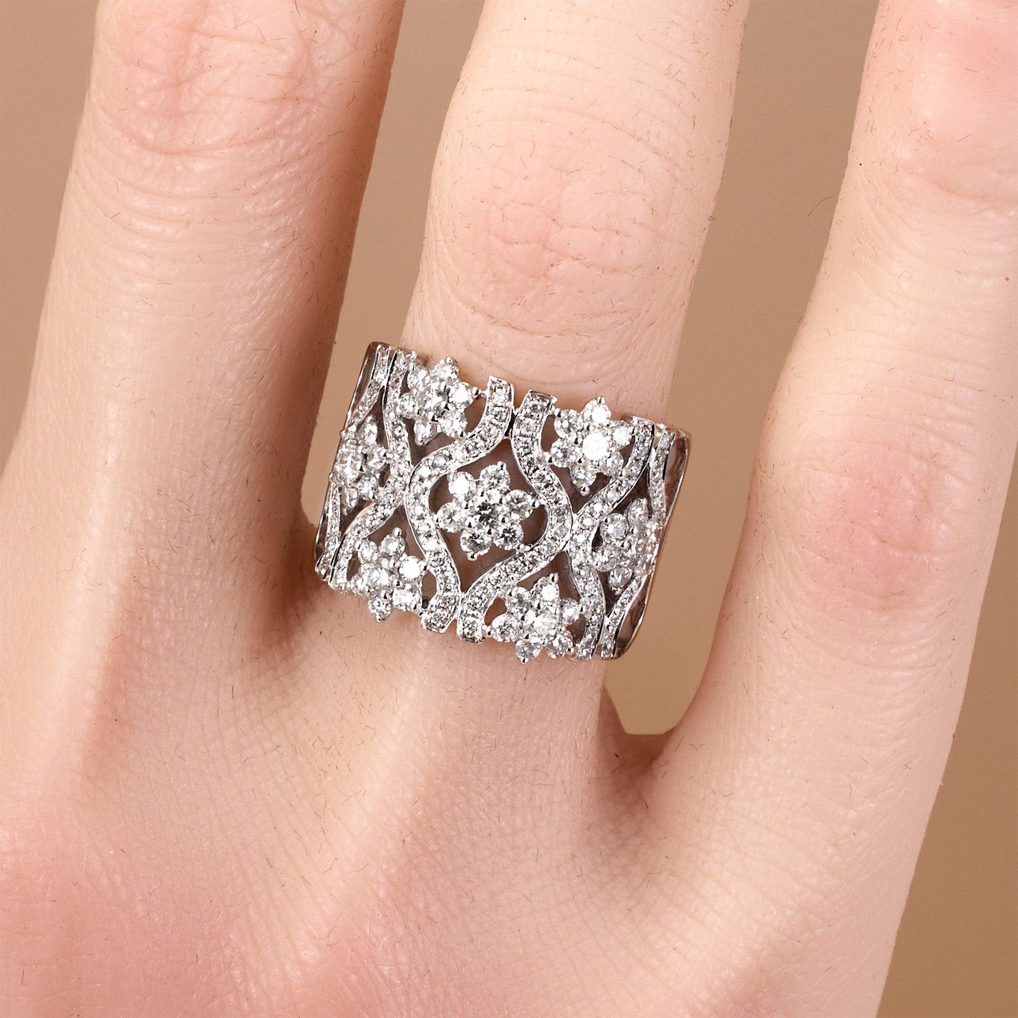 18K White Gold Vintage - Inspired Diamond Filigree Ring - JewelryAndStore