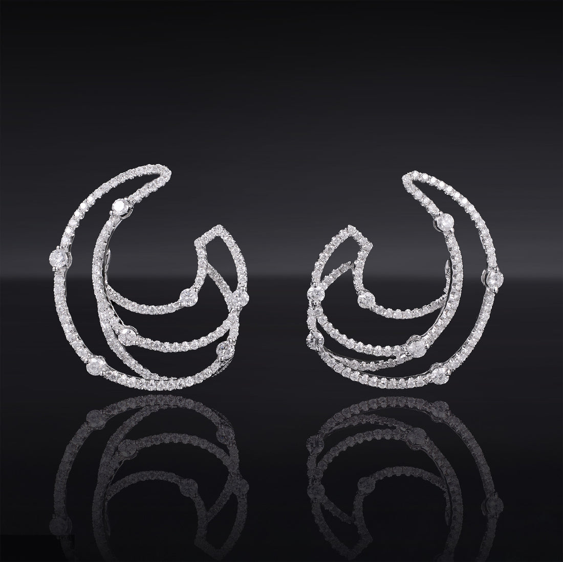 Natural Diamond Triple Crescent Earrings in 18K White Gold - Jewelry And Store